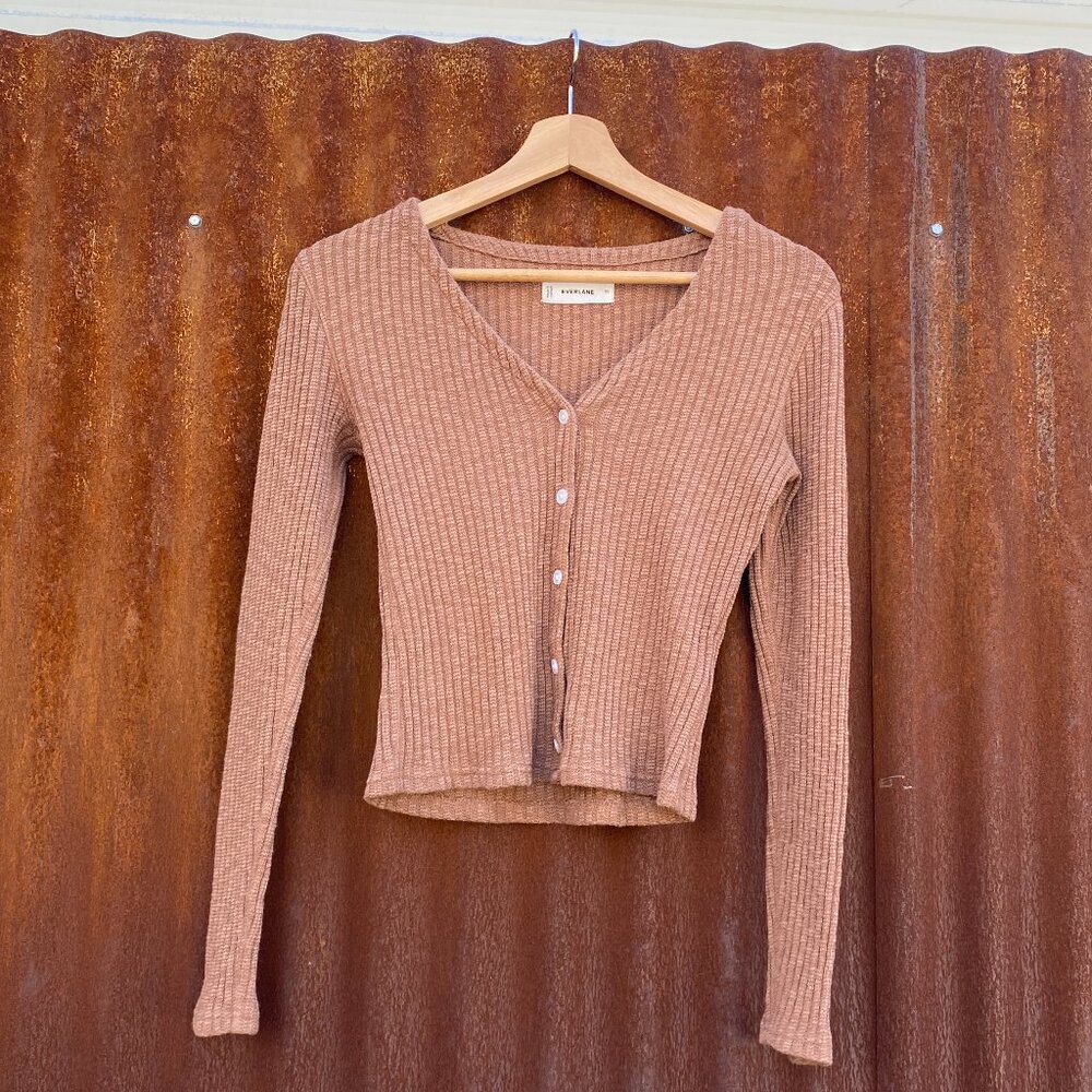 Everlane Ribbed Button-Front Cardigan in Dusty Rose